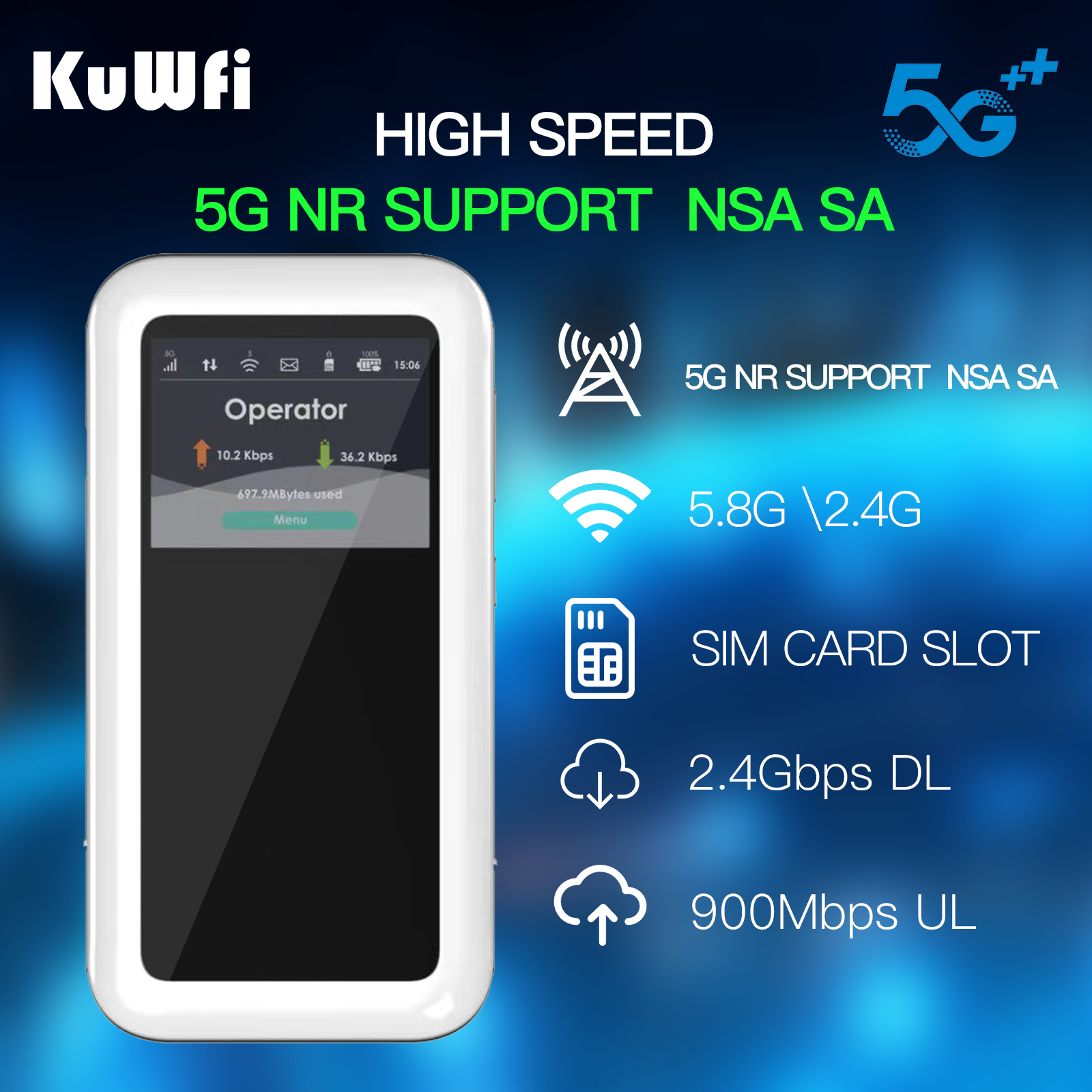 eSim KuWFi Portable wifi 5g wifi6 high speed NSA SA mode 4500mAh battery mobile 5g pocket wifi router
