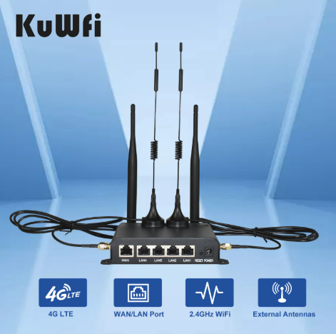 KuWFi CAT4 4G LTE Modem 300Mbps 2.4Ghz WiFi Router 4x Detachable Antennas WAN LAN Ethernet Port AP Repeater Mode SIM Card Slot