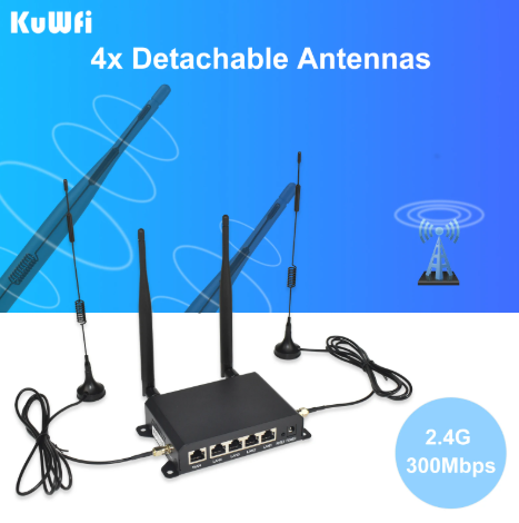 KuWFi CAT4 4G LTE Modem 300Mbps 2.4Ghz WiFi Router 4x Detachable Antennas WAN LAN Ethernet Port AP Repeater Mode SIM Card Slot