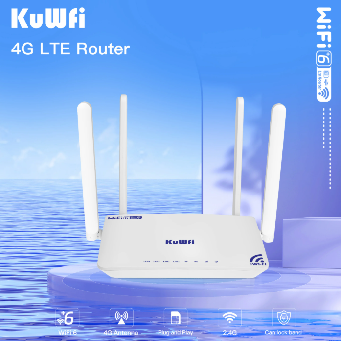 KuWFi CAT4 4G Modem Router 300Mbps 2.4G Wifi6 LTE Router with Antenna 4x Ethernet LAN Port SIM Card Slot Support 32 Users VPN