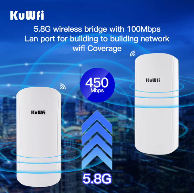KuWfi 5.8G 450Mbps Outdoor CPE Bridge 1-2KM Long Range Access Point Wifi Repeater 12dbi Antenna Wifi Signal Amplifier 24V POE
