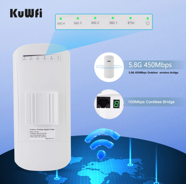 KuWfi 5.8G 450Mbps Outdoor CPE Bridge 1-2KM Long Range Access Point Wifi Repeater 12dbi Antenna Wifi Signal Amplifier 24V POE