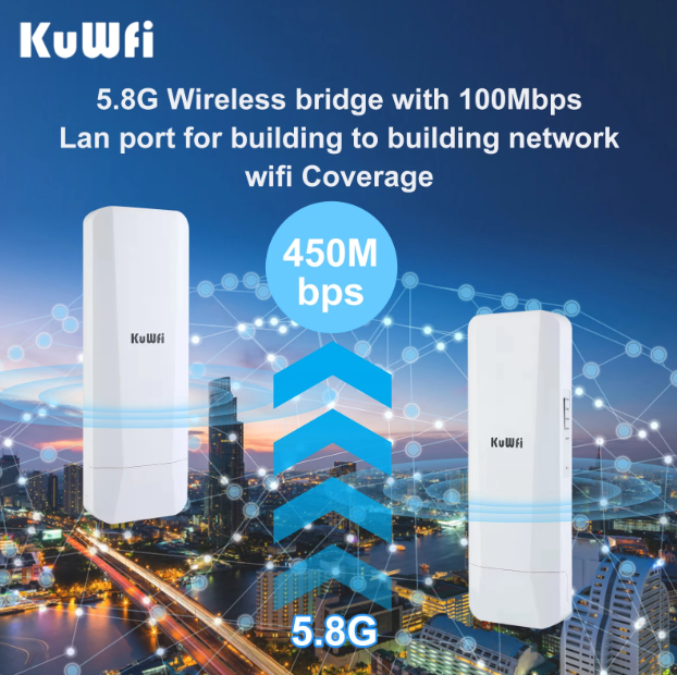 KuWFi 5.8Ghz Outdoor CPE Bridge 450Mbps Wireless WiFi AP Repeater Mode WiFi Coverage Point to Point Up to 3KM 14dBi Antenna IP65