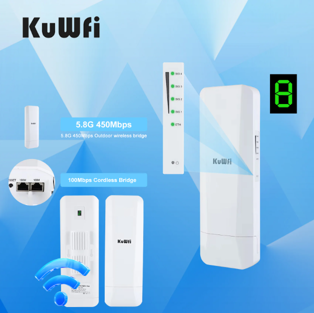 KuWFi 5.8Ghz Outdoor CPE Bridge 450Mbps Wireless WiFi AP Repeater Mode WiFi Coverage Point to Point Up to 3KM 14dBi Antenna IP65