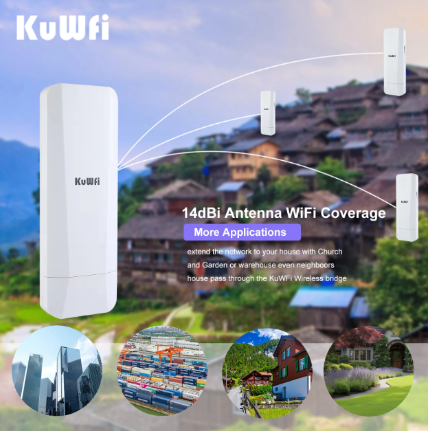 KuWFi 5.8Ghz Outdoor CPE Bridge 450Mbps Wireless WiFi AP Repeater Mode WiFi Coverage Point to Point Up to 3KM 14dBi Antenna IP65
