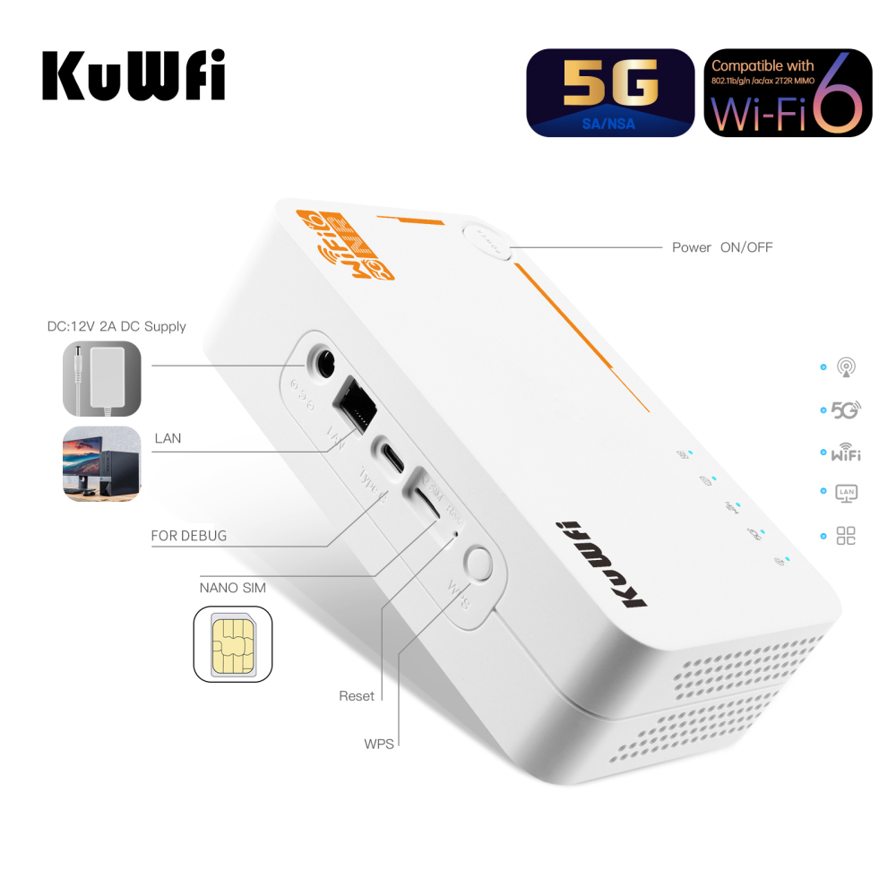 KuWFi 5G Router with sim Card Slot Unlocked, NR NSA/SA AX3600 Wireless 5G Wi-Fi 6 Mobile Hotspot Router Dual Band Gigabit Portable 5g Hotspot Unlocked Device 5g sim Router 4000mAh Battery&DC Powered