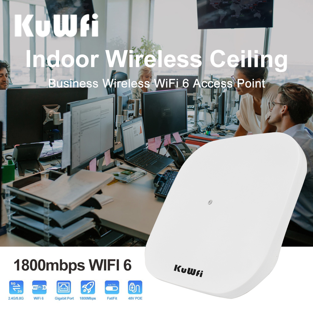 KuWFi 1800Mbps WiFi 6 Wireless Ceiling AP Dual Band 2.4G&5.8G 11AX WiFi Range Extender Router Access Point Gigabit LAN 48V POE
