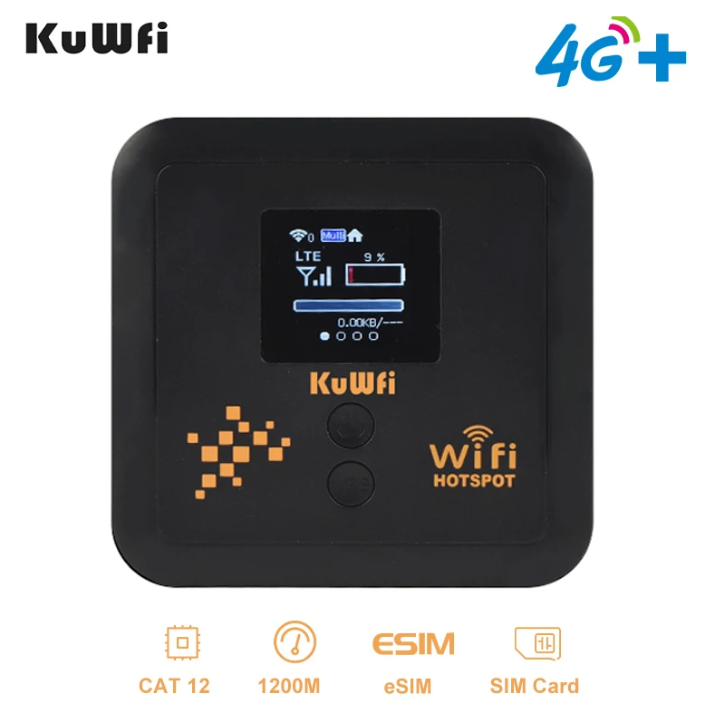 KuWFi 5400mAh CAT12 4G+ Mobile Router AC1200 2.4G 5.8G Dual Band Pocket Wifi Router Support eSim Nano SIM Slot Gigabit LAN Port