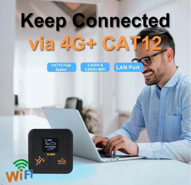 KuWFi 5400mAh CAT12 4G+ Mobile Router AC1200 2.4G 5.8G Dual Band Pocket Wifi Router Support eSim Nano SIM Slot Gigabit LAN Port
