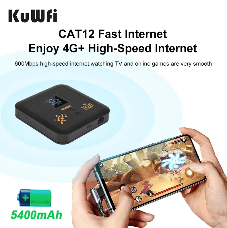 KuWFi 5400mAh CAT12 4G+ Mobile Router AC1200 2.4G 5.8G Dual Band Pocket Wifi Router Support eSim Nano SIM Slot Gigabit LAN Port