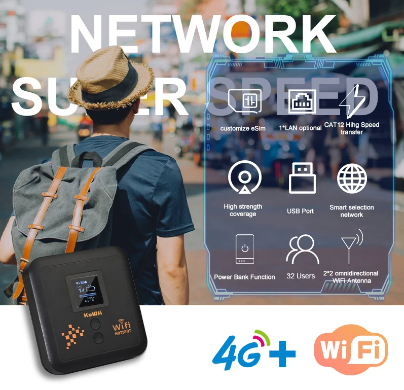 KuWFi 5400mAh CAT12 4G+ Mobile Router AC1200 2.4G 5.8G Dual Band Pocket Wifi Router Support eSim Nano SIM Slot Gigabit LAN Port