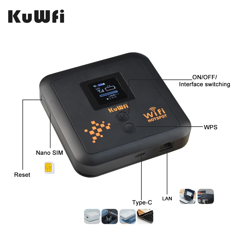 KuWFi 5400mAh CAT12 4G+ Mobile Router AC1200 2.4G 5.8G Dual Band Pocket Wifi Router Support eSim Nano SIM Slot Gigabit LAN Port