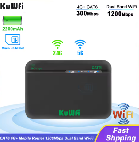 KuWFi CAT6 4G+ Mobile Router 1200M 2.4G 5G Dual Band WiFi Rate Portable Travel 4G Modem 2200mAh Battery Mirco SIM Slot 64 Users