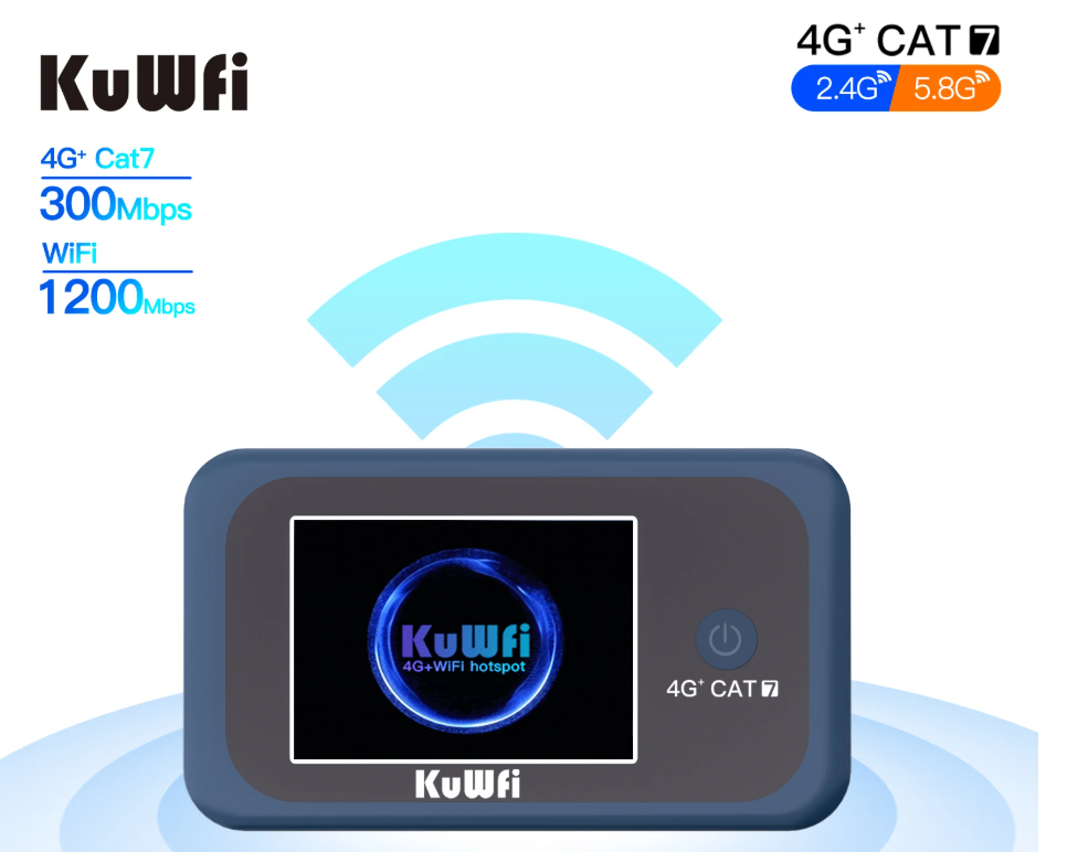 KuWFi CAT7 4G+ Mobile Router AC1200 2.4G 5G Single Band WiFi Portable Travel 4G Modem 3000mAh Battery Mirco SIM Slot 10 Users