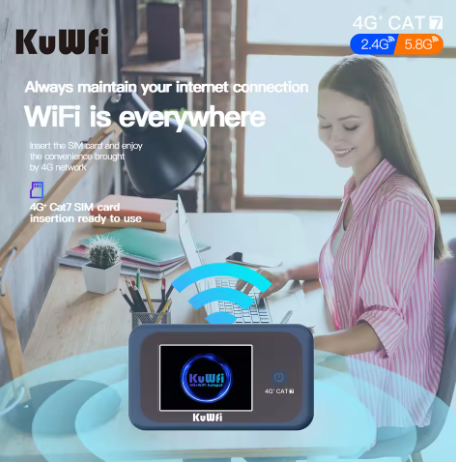 KuWFi CAT7 4G+ Mobile Router AC1200 2.4G 5G Single Band WiFi Portable Travel 4G Modem 3000mAh Battery Mirco SIM Slot 10 Users