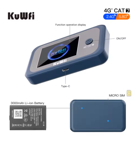 KuWFi CAT7 4G+ Mobile Router AC1200 2.4G 5G Single Band WiFi Portable Travel 4G Modem 3000mAh Battery Mirco SIM Slot 10 Users