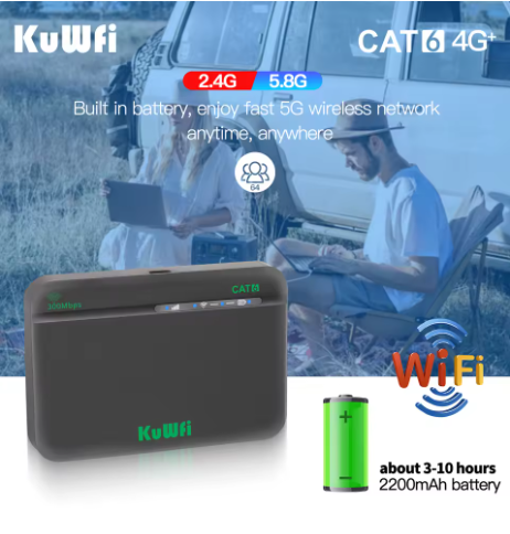 KuWFi CAT6 4G+ Mobile Router 1200M 2.4G 5G Dual Band WiFi Rate Portable Travel 4G Modem 2200mAh Battery Mirco SIM Slot 64 Users