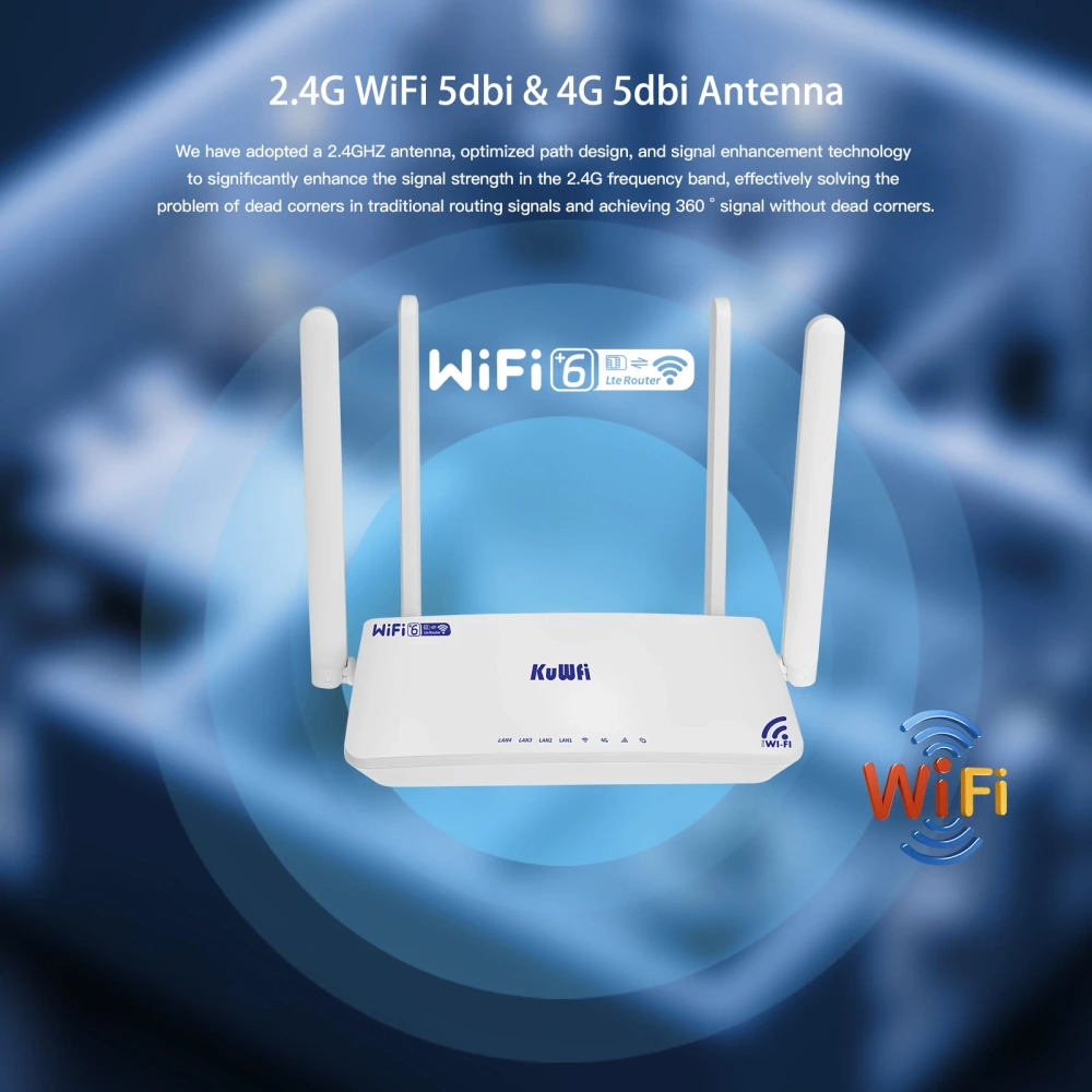 KuWFi CAT4 4G Modem Router 300Mbps 2.4G Wifi6 LTE Router with Antenna 4x Ethernet LAN Port SIM Card Slot Support 32 Users VPN