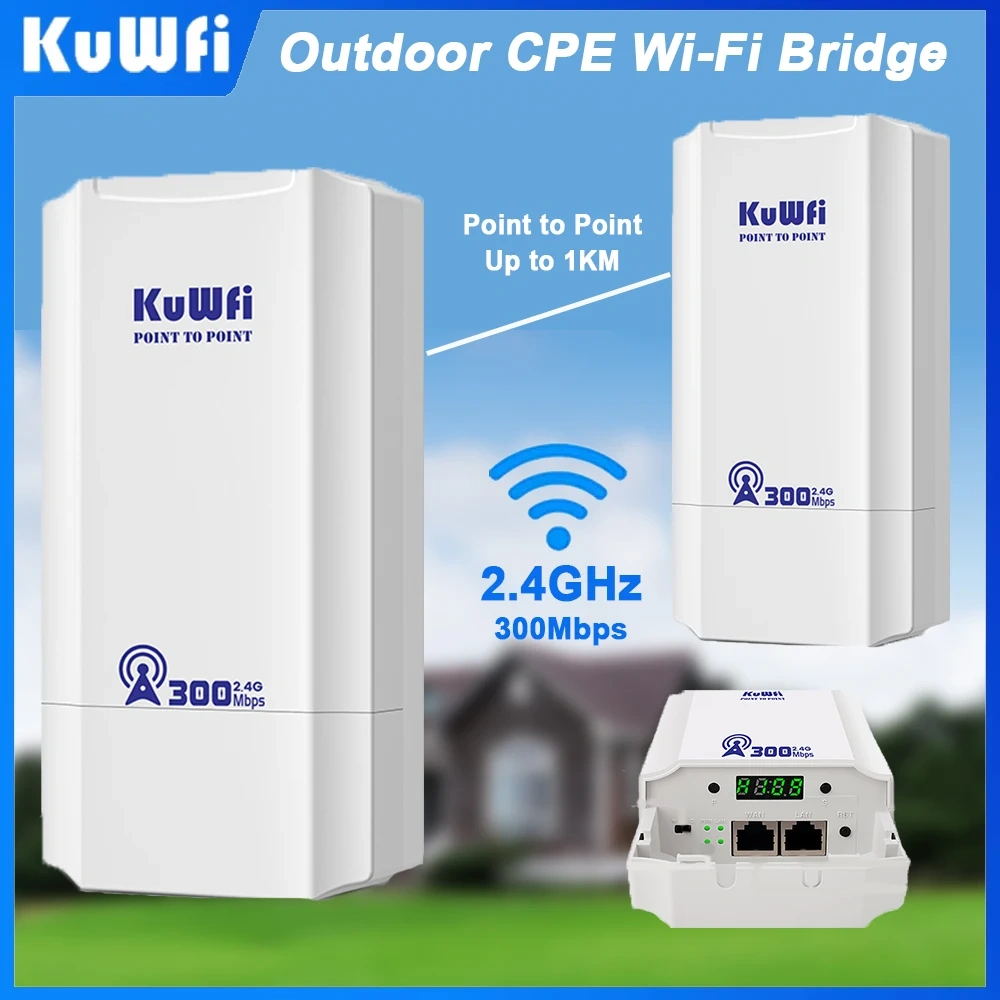 KuWFi Outdoor 300Mbps 2.4Ghz Wi-Fi Router CPE Bridge PTP PTMP 1KM Signal Extender AP Repeater 24V POE for Home Security Camera