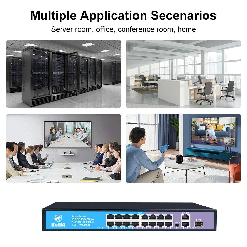 KuWfi 16 Port PoE Switch 100M PoE Ports Ethernet Smart Switch Gigabit Uplink SFP Plug and Play for Office Home Security Camera