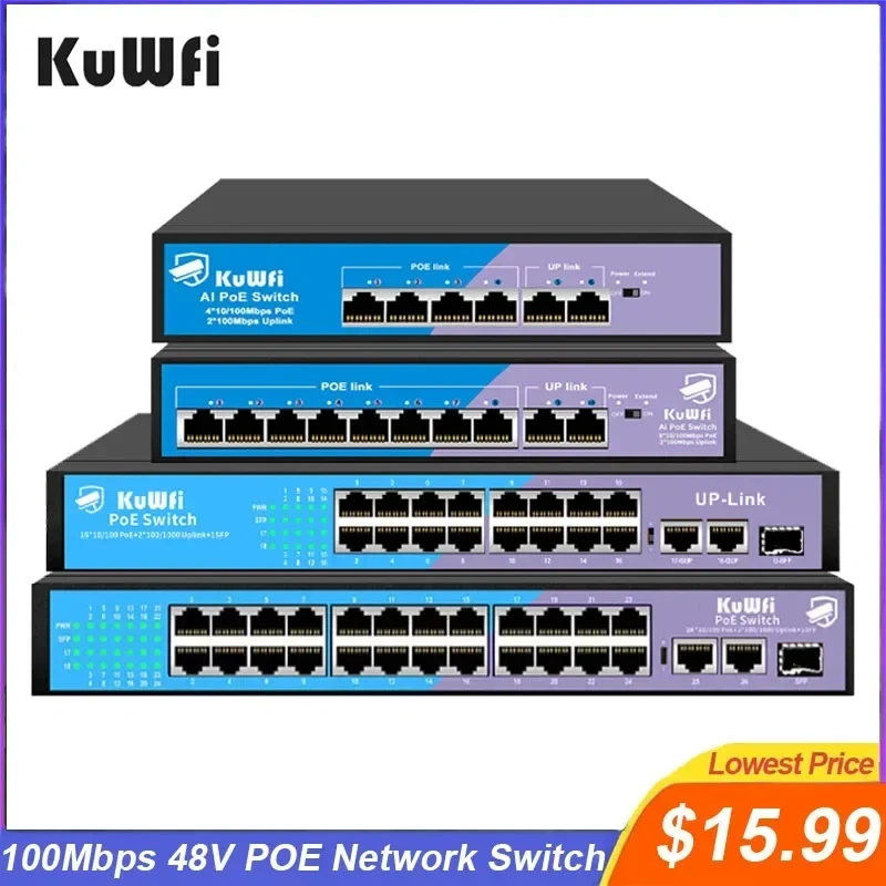 KuWfi POE Switch 4/8/16/24 Port 100M POE Ethernet Smart Switch Fast RJ45 Hub Network Switch with SFP Port For IP Camera Office