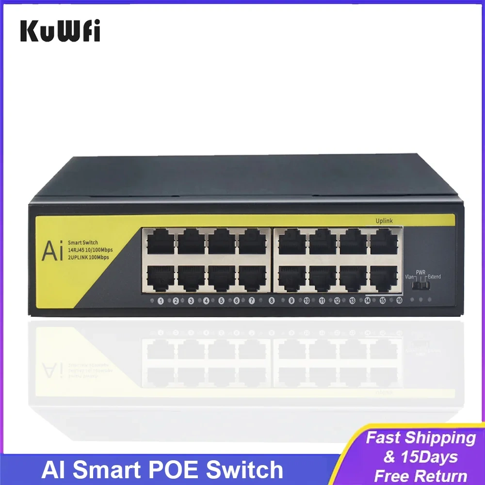 KuWfi 48V POE Switch 16 Port Network Siwtch Ethernet 10/100Mbps for IP Camera/Wireless AP/CCTV Cameras POE Switch IEEE802.3AT/AF