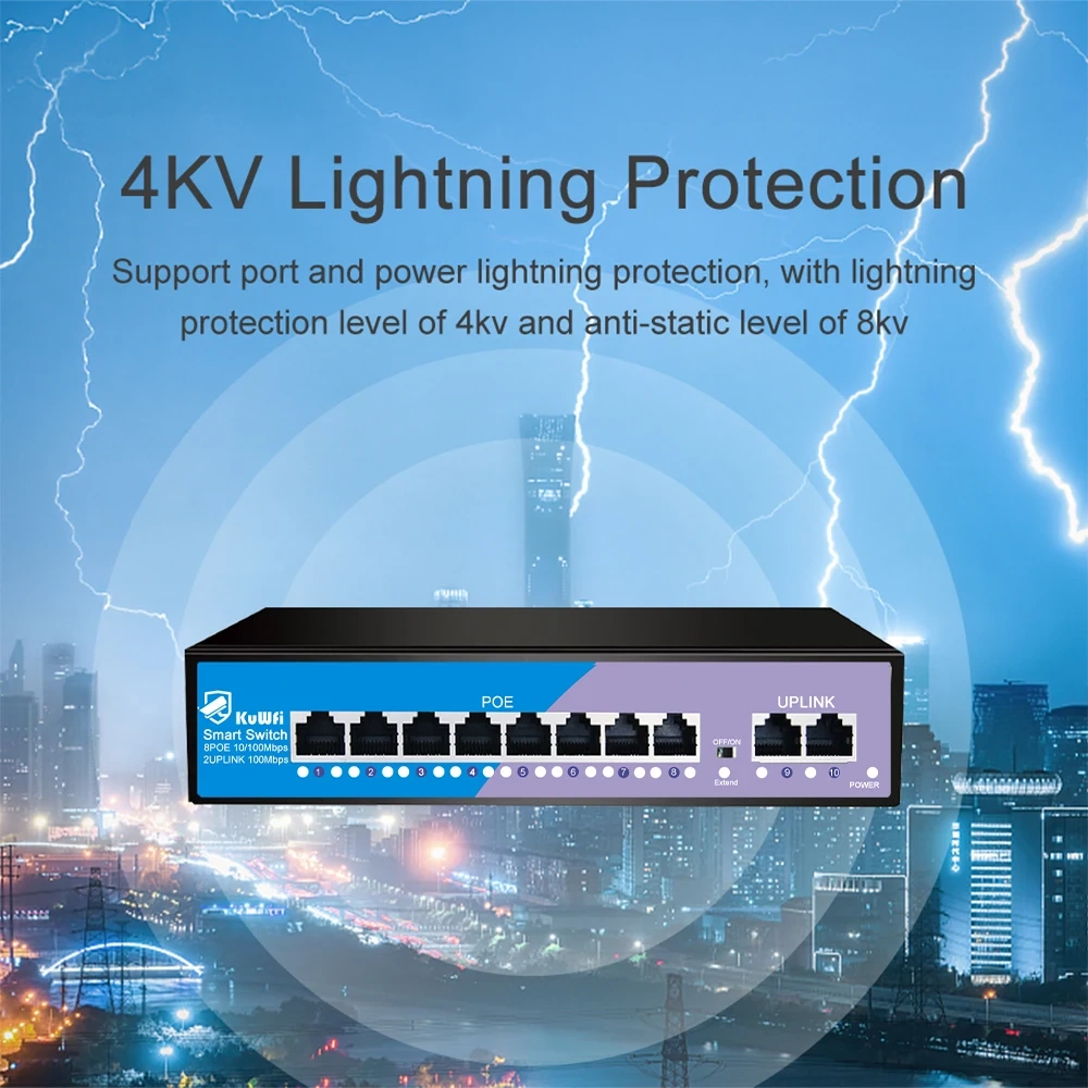 KuWfi 8 Ports POE Switch 100Mbps Ethernet Network Switch 4KV Lightning Protection Plug and Play for CCTV IP Camera Home Security