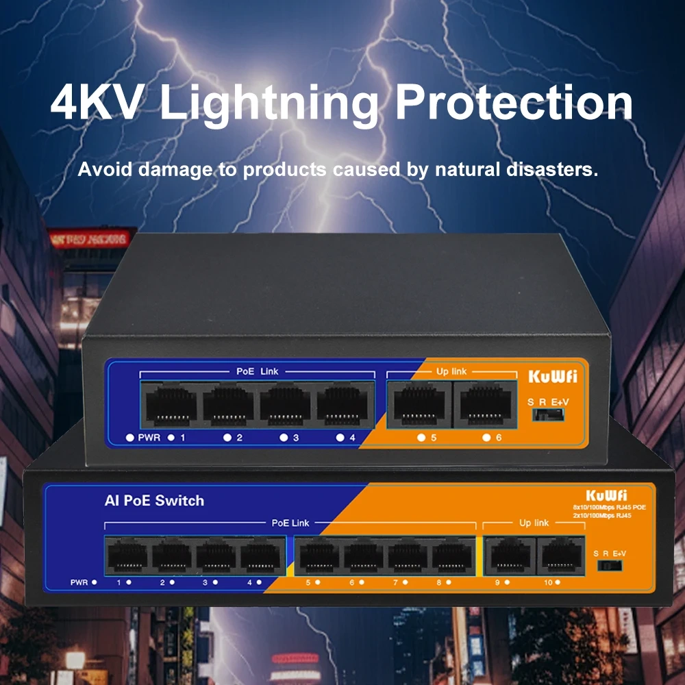 KuWFi 4/8 Port POE Switch 10/100Mbps Ethernet Network Switch Plug and Play Extend Mode 250 Meter for IP Camera AP Router CCTV