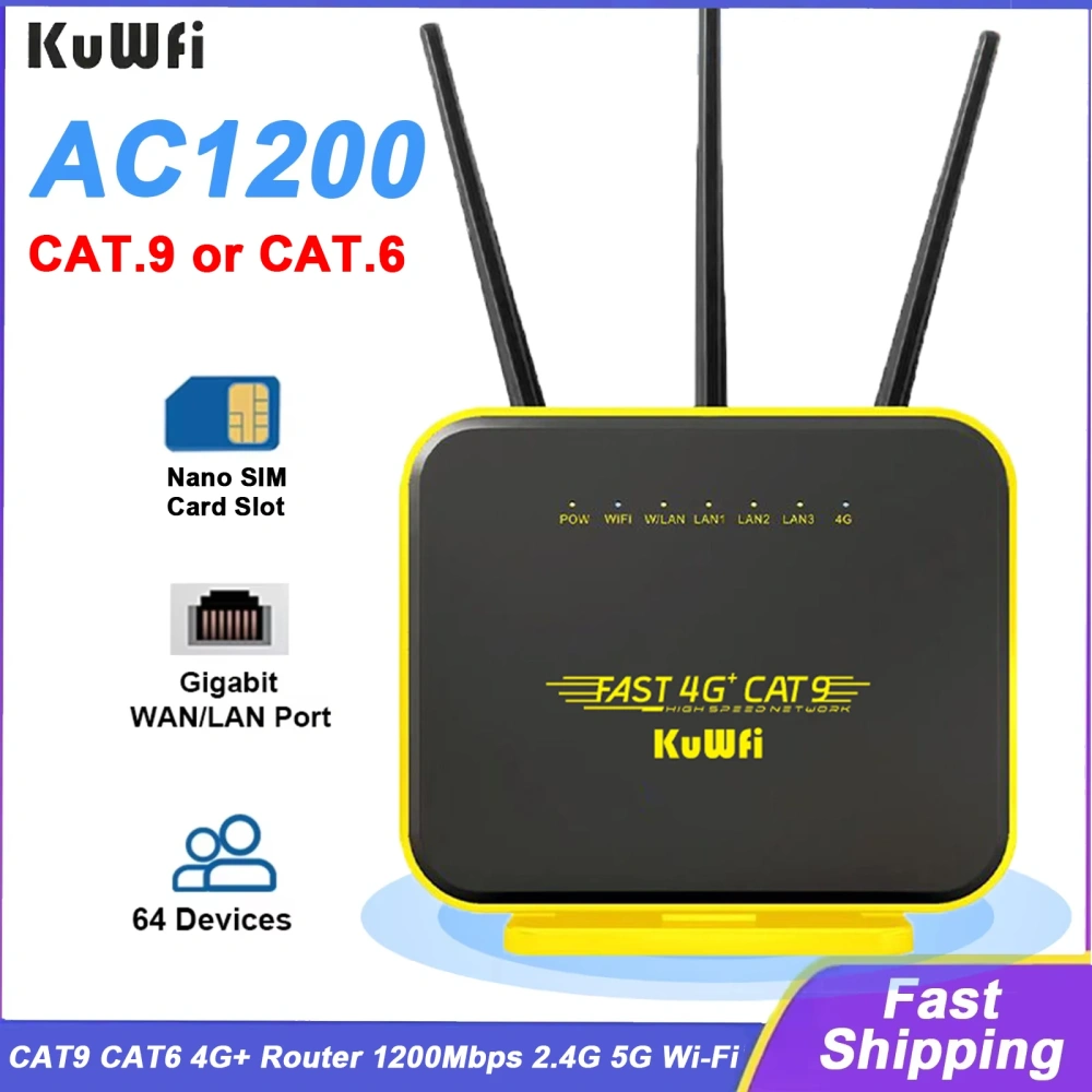 KuWFi CAT6 CAT9 4G+ Router 1200Mbps 2.4G 5GHz WiFi Router 4G LTE Modem Gigabit WAN LAN Port with SIM Card Slot AP Repeater Mode