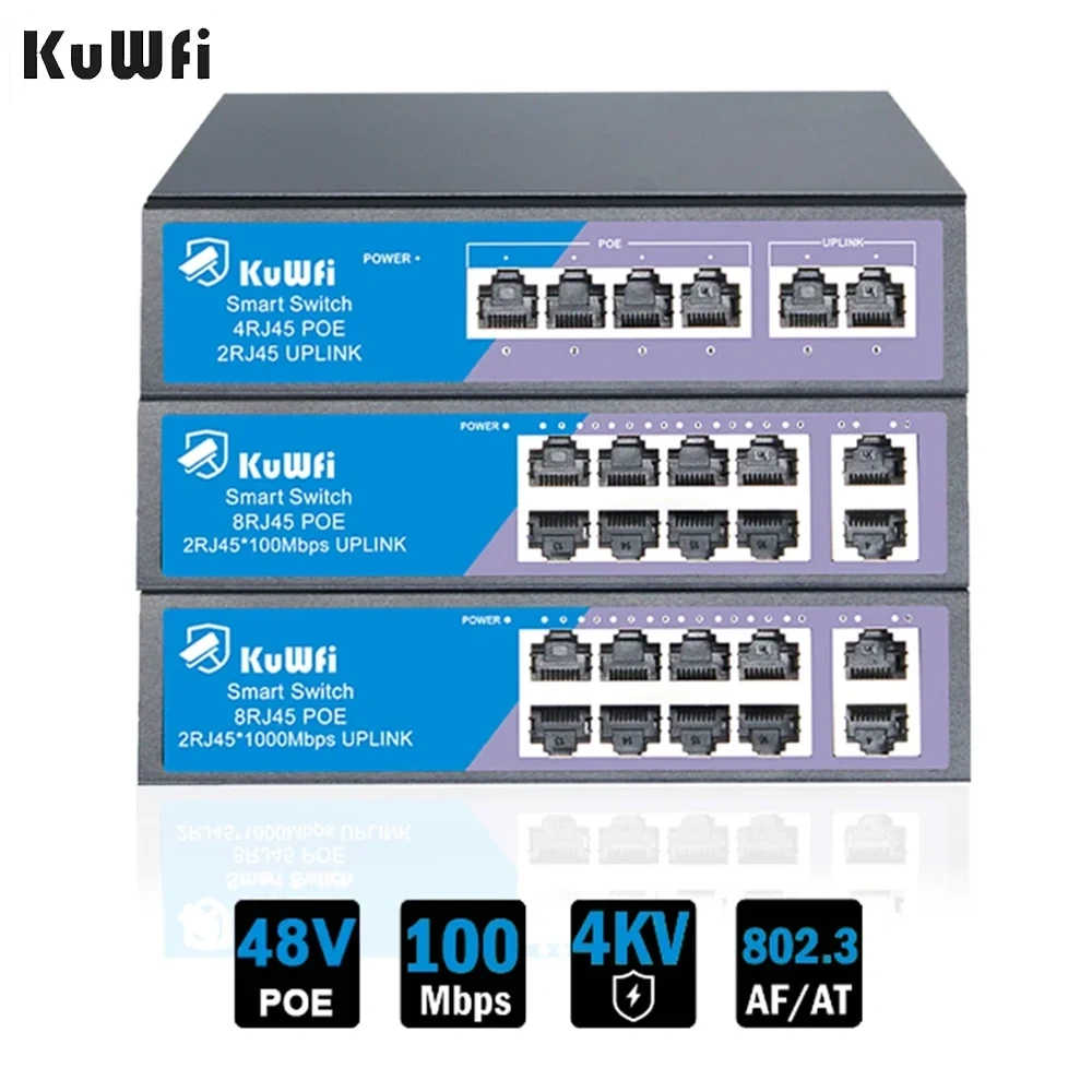 4 8 Port 10/100Mbps Ethernet Fast Switch High Power 60W/120W POE Switch IEEE 802.3AF/AT for IP Camera 4KV Lightning Protection