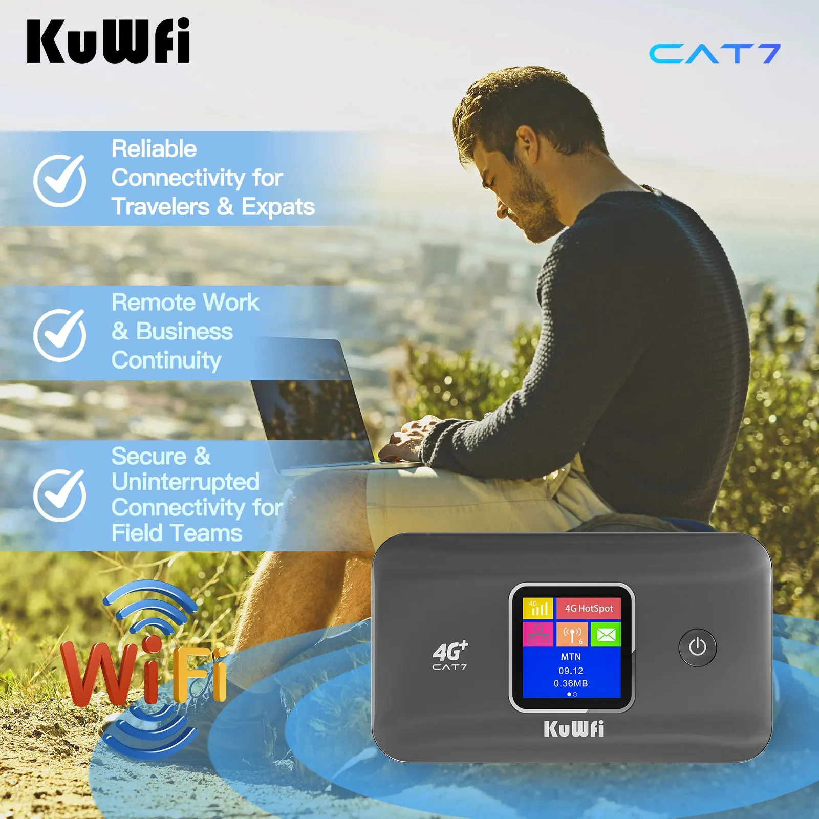 KuWFi CAT7 4G+ Mobile Router 1200Mbps 2.4G/5G Wireless WiFi Rate Portable 4G Modem 3000mAh Battery Plug and Play Support 10 User