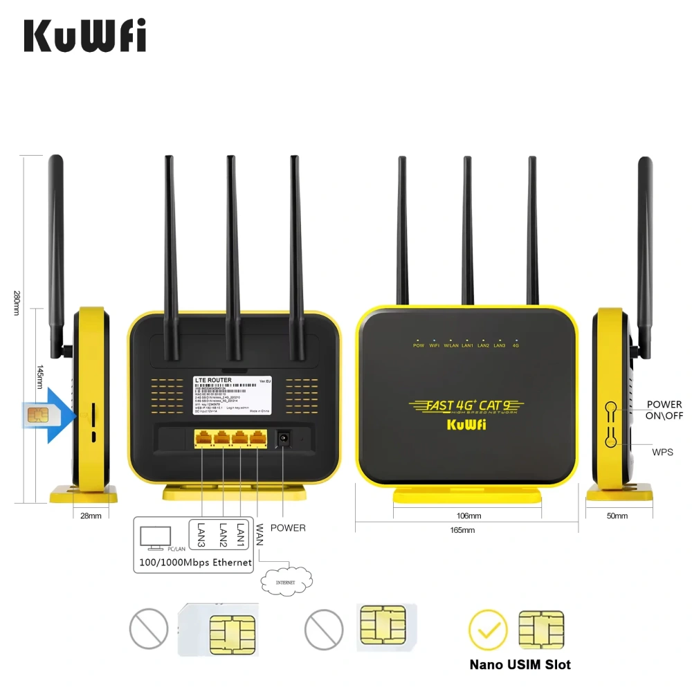 KuWFi CAT6 CAT9 4G+ Router 1200Mbps 2.4G 5GHz WiFi Router 4G LTE Modem Gigabit WAN LAN Port with SIM Card Slot AP Repeater Mode