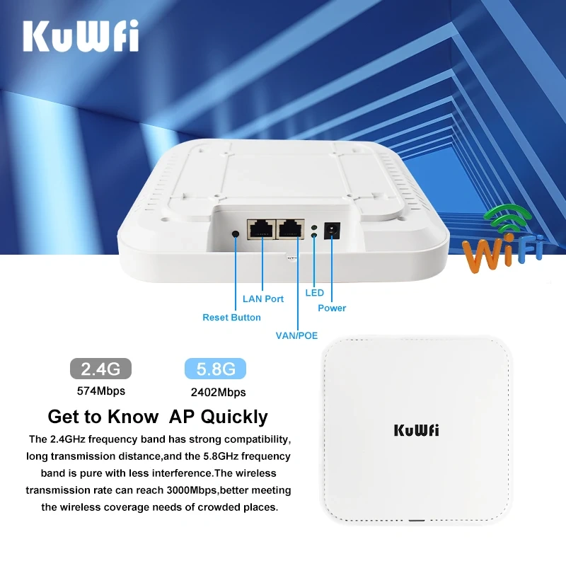 KKuWfi AX3000 Ceiling Wireless AP Router 2.4G 5G Dual Band Wifi 6 Gigabit Ethernet Port WiFi Access Point 48V POE 64 Users