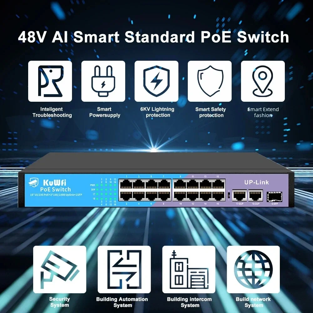 KuWfi POE Switch 4/8/16/24 Port 100M POE Ethernet Smart Switch Fast RJ45 Hub Network Switch with SFP Port For IP Camera Office