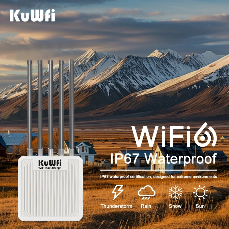KuWFi AX3000 Outdoor AP Router 11ax Dual Band WiFi6 8dBi High-gain Antenna Long Range WiFi Extender Gigabit Port 48V POE IP67