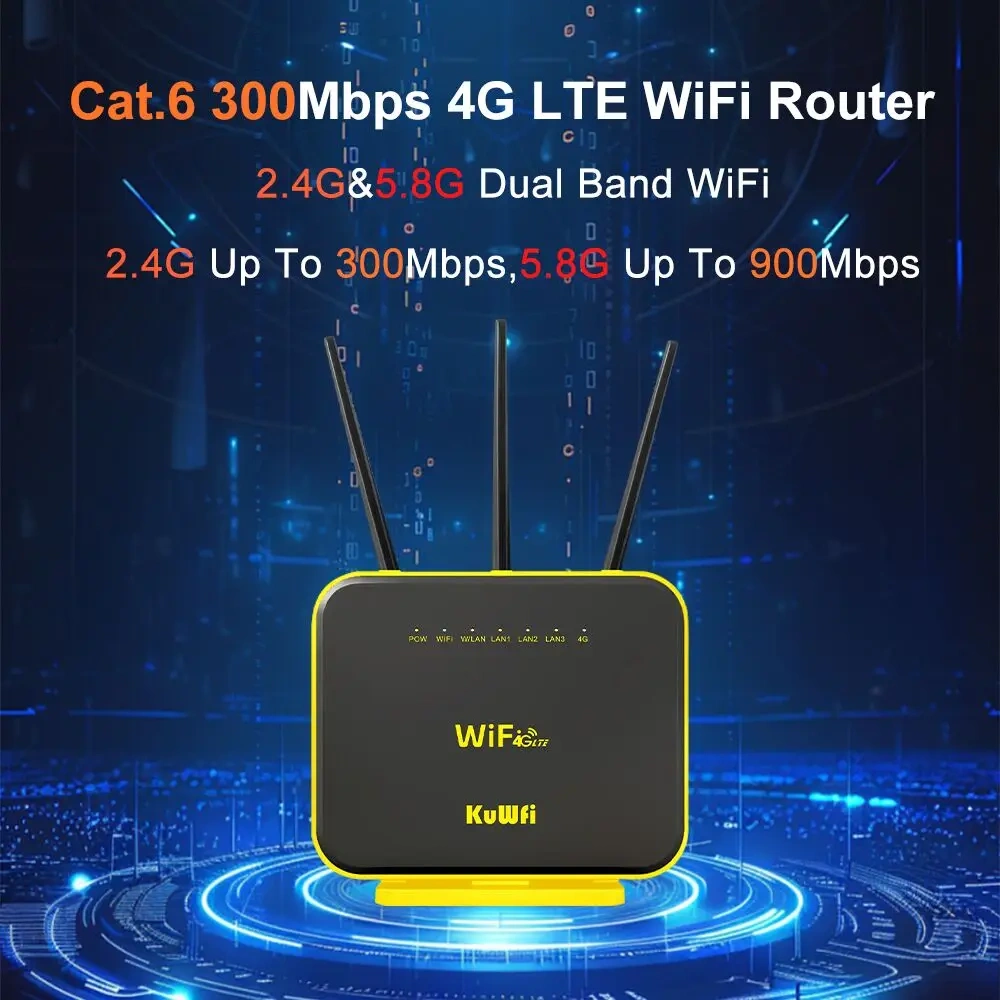 KuWFi CAT6 4G+ Router 1200Mbps 2.4G 5GHz Dual Band WiFi Router 4G Modem Gigabit Ethernet Port Nano SIM Card Slot AP Repeater