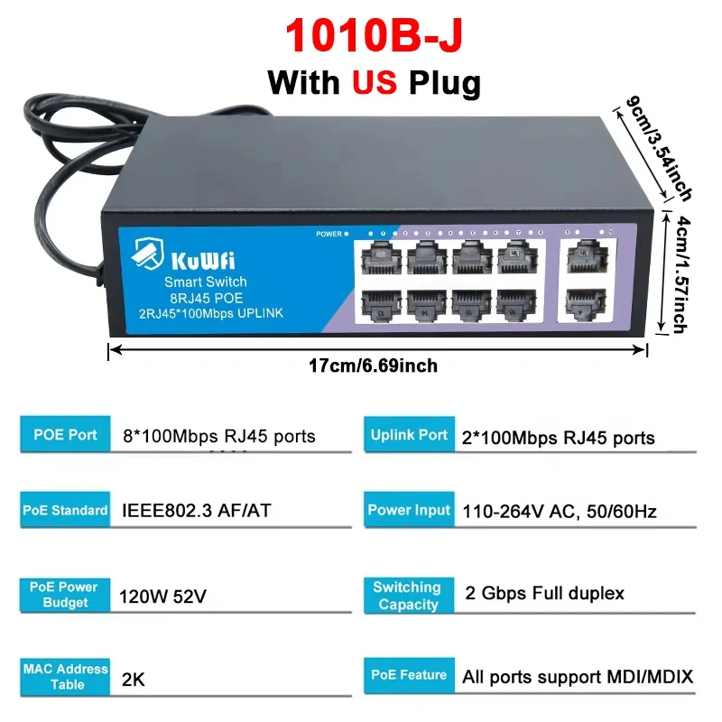 KuWfi 8 Ports POE Switch 100Mbps Ethernet Network Switch 4KV Lightning Protection Plug and Play for CCTV IP Camera Home Security