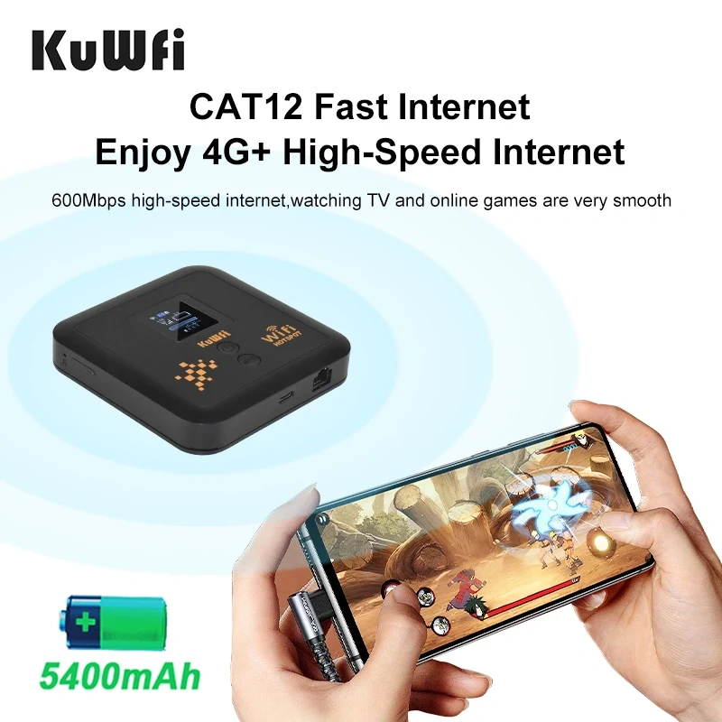 KuWFi 5400mAh CAT12 4G+ Mobile Router AC1200 2.4G 5.8G Dual Band Pocket Wifi Router Support eSim Nano SIM Slot Gigabit LAN Port