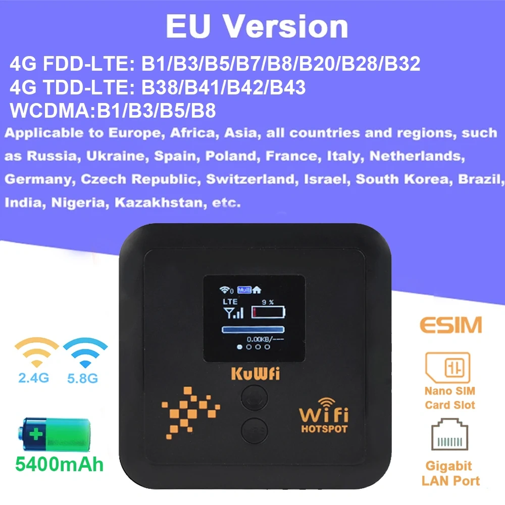 KuWFi 5400mAh CAT12 4G+ Mobile Router AC1200 2.4G 5.8G Dual Band Pocket Wifi Router Support eSim Nano SIM Slot Gigabit LAN Port