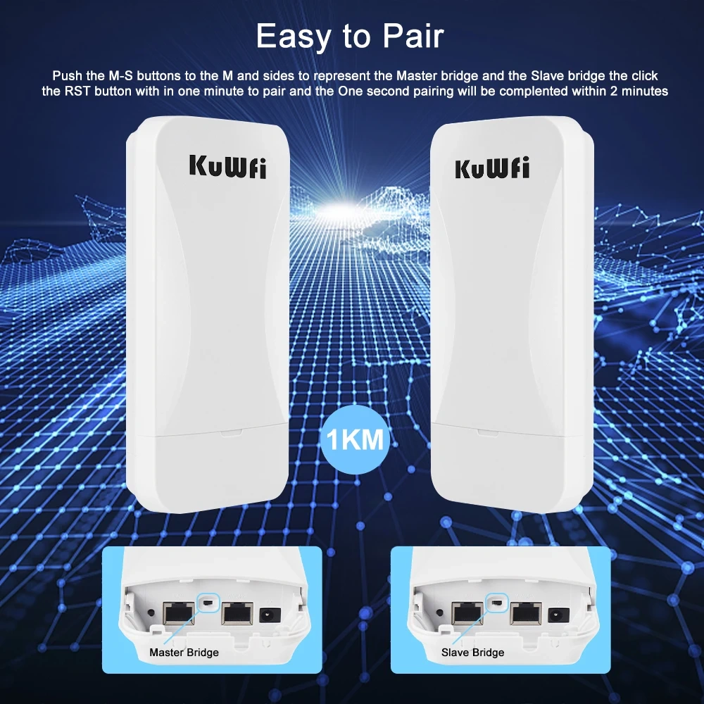 KuWfi 300Mbps 2.4G Outdoor WiFi Bridge AP Repeater Bridge Wifi Signal Extender Point to Point Up to 1KM with WAN LAN 24V POE