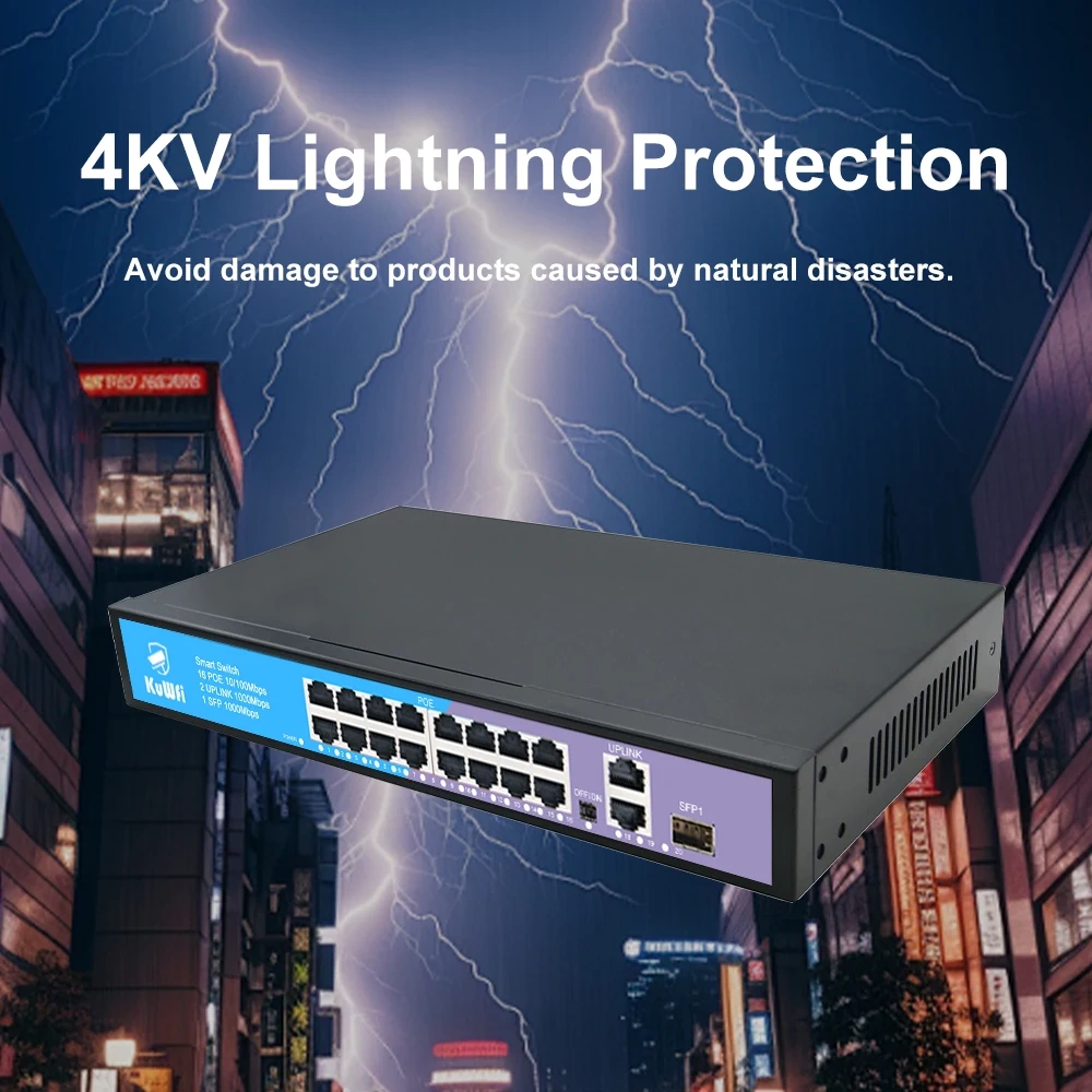 KuWfi 16 Port PoE Switch 100M PoE Ports Ethernet Smart Switch Gigabit Uplink SFP Plug and Play for Office Home Security Camera
