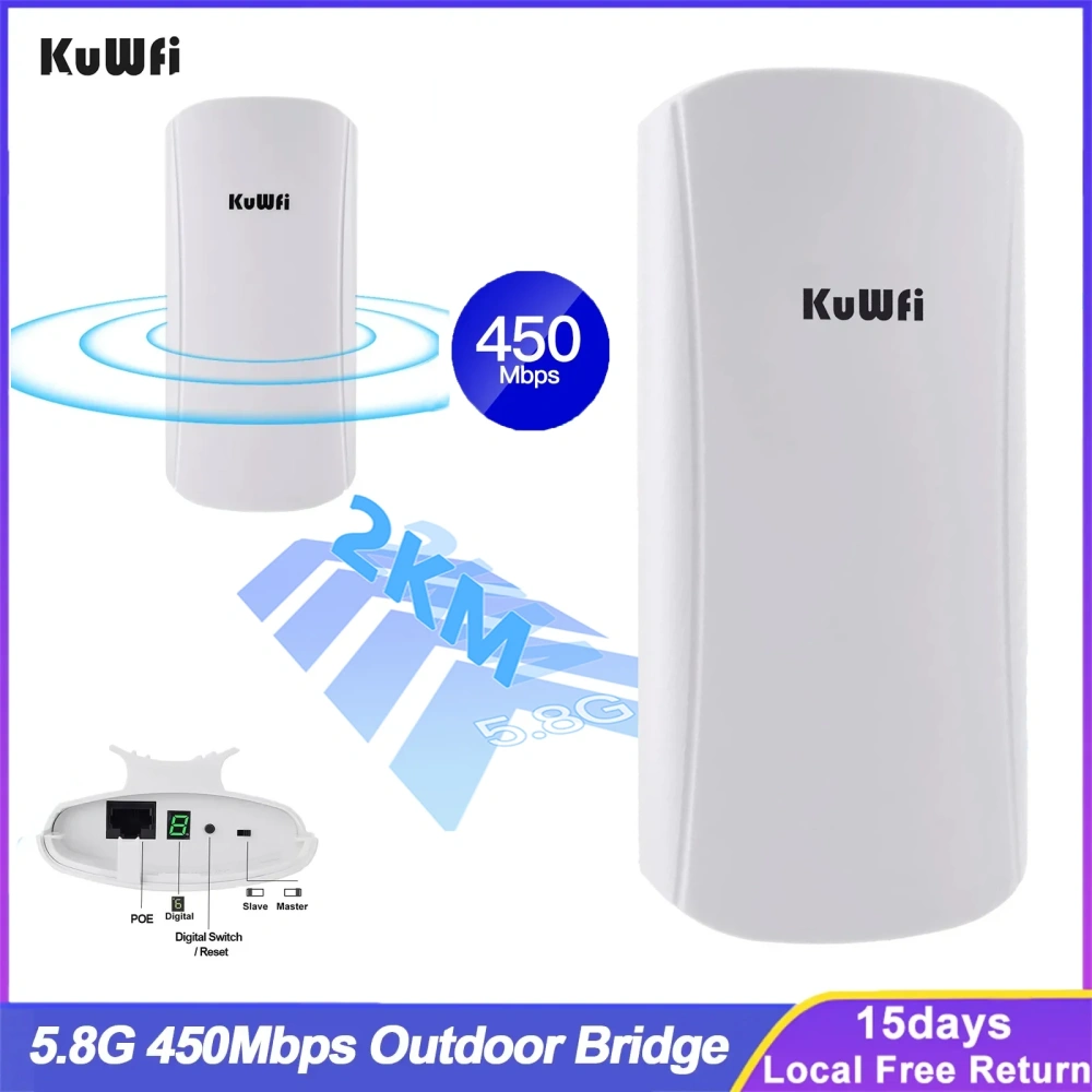 KuWfi 5.8G 450Mbps Outdoor CPE Bridge 1-2KM Long Range Access Point Wifi Repeater 12dbi Antenna Wifi Signal Amplifier 24V POE