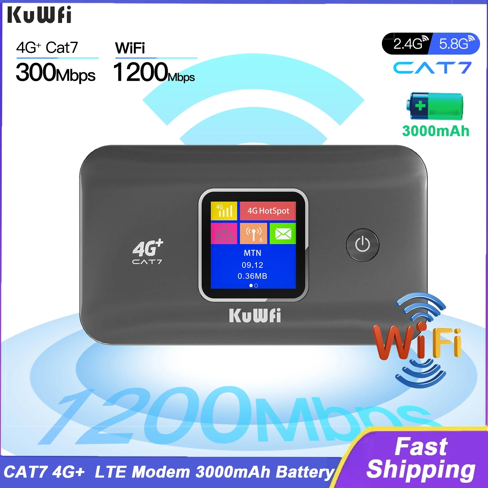 KuWFi CAT7 4G+ Mobile Router 1200Mbps 2.4G/5G Wireless WiFi Rate Portable 4G Modem 3000mAh Battery Plug and Play Support 10 User