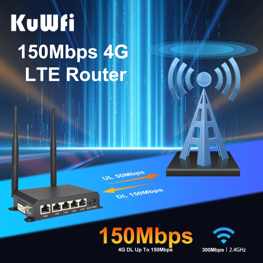 KuWFi CAT4 4G LTE Router 300Mbps 2.4Ghz Wireless WiFi Router wtih WAN 4x LAN Port AP Repeater Mode Detachable External Antennas