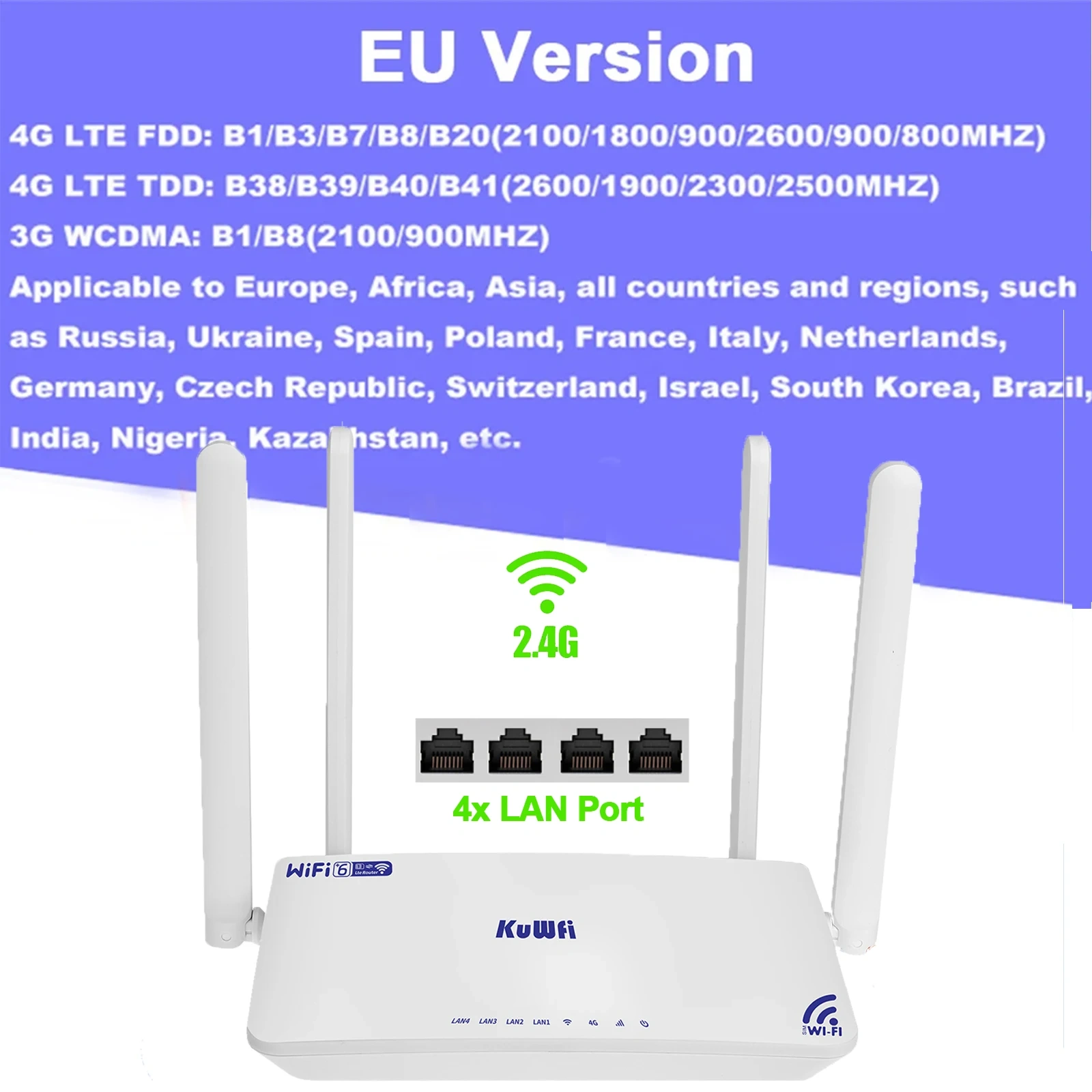 KuWFi CAT4 4G Modem Router 300Mbps 2.4G Wifi6 LTE Router with Antenna 4x Ethernet LAN Port SIM Card Slot Support 32 Users VPN