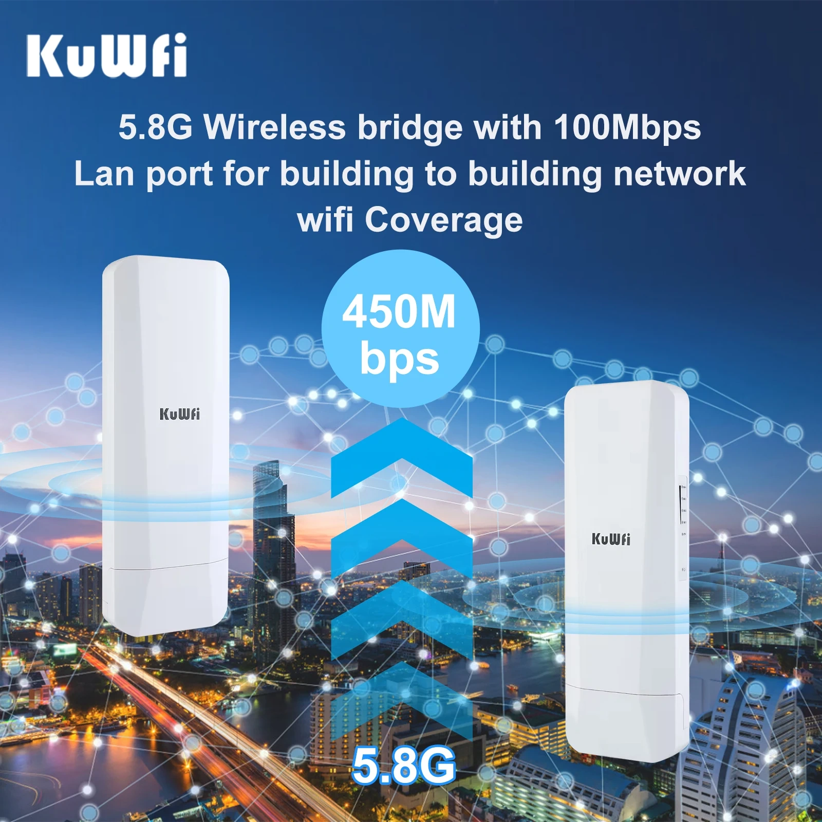 KuWFi 5.8Ghz Outdoor CPE Bridge 450Mbps Wireless WiFi AP Repeater Mode WiFi Coverage Point to Point Up to 3KM 14dBi Antenna IP65