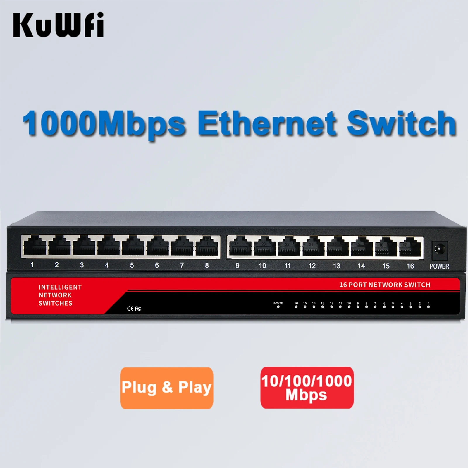 KuWFi Gigabit Network Switches Mini 5/8/10/16 Port 10/100/1000Mbps Fast Ethernet Network Switch Splitter for Office Home No PoE