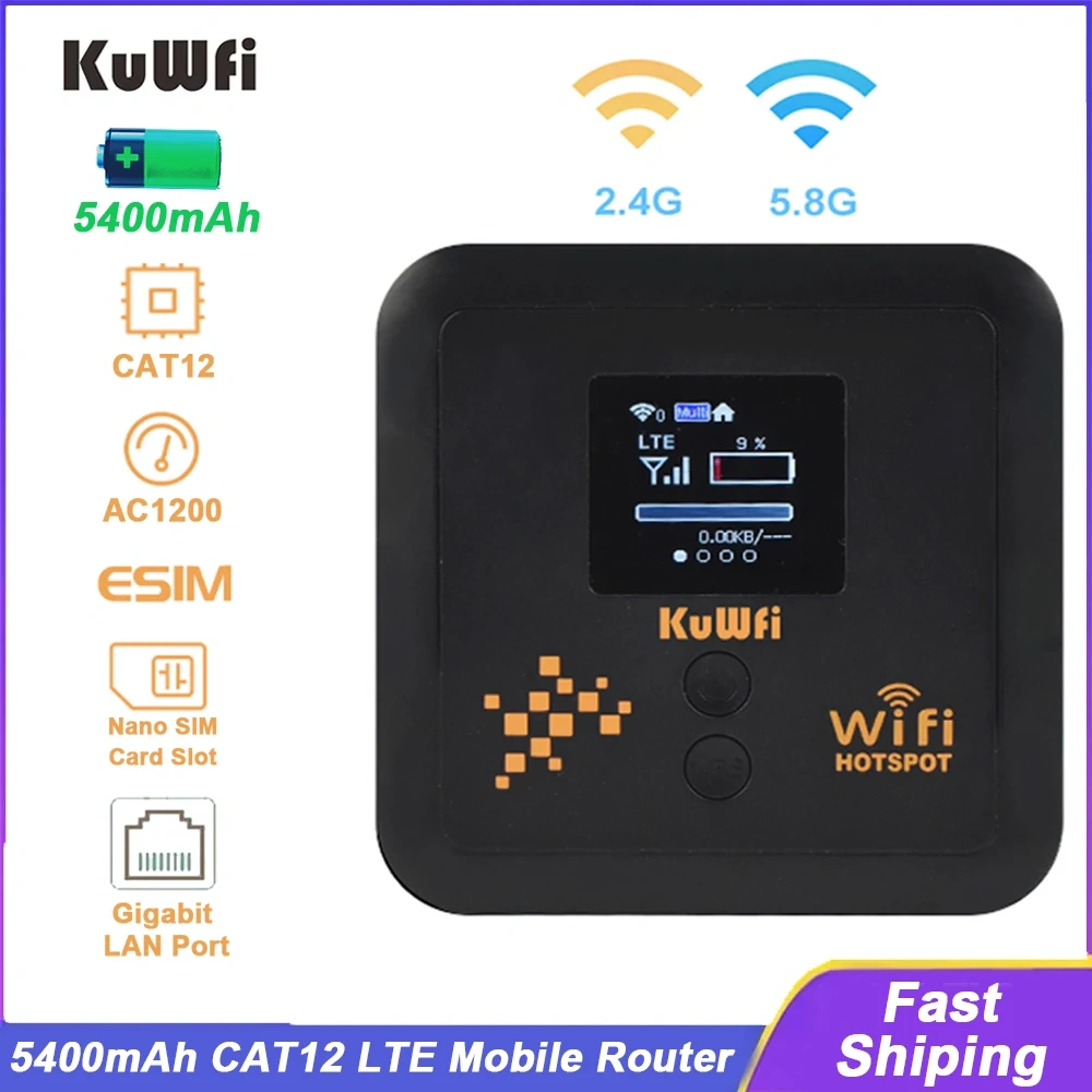 KuWFi 5400mAh CAT12 4G+ Mobile Router AC1200 2.4G 5.8G Dual Band Pocket Wifi Router Support eSim Nano SIM Slot Gigabit LAN Port