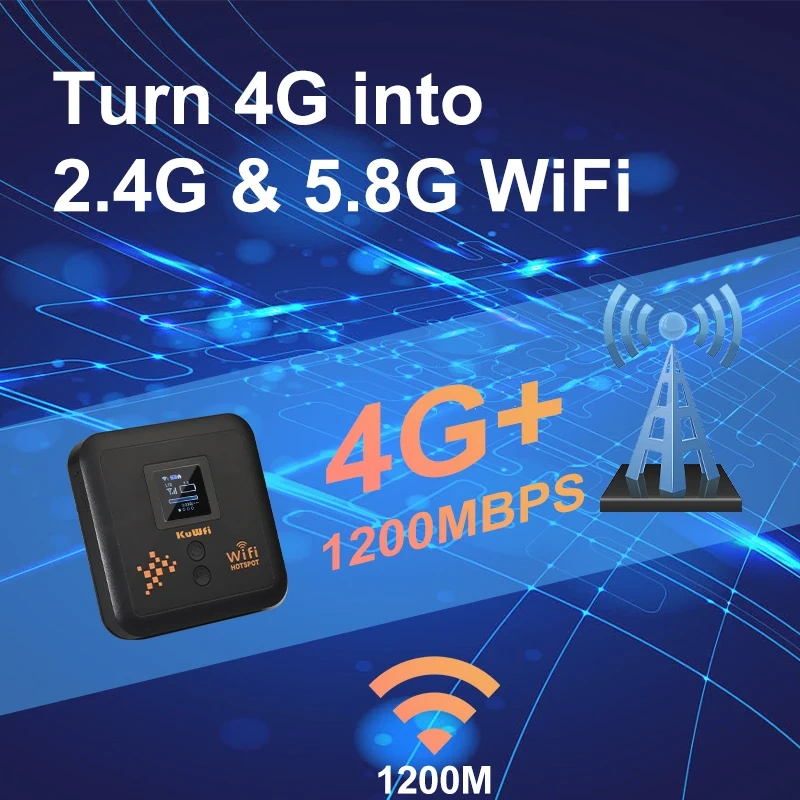 KuWFi 5400mAh CAT12 4G+ Mobile Router AC1200 2.4G 5.8G Dual Band Pocket Wifi Router Support eSim Nano SIM Slot Gigabit LAN Port