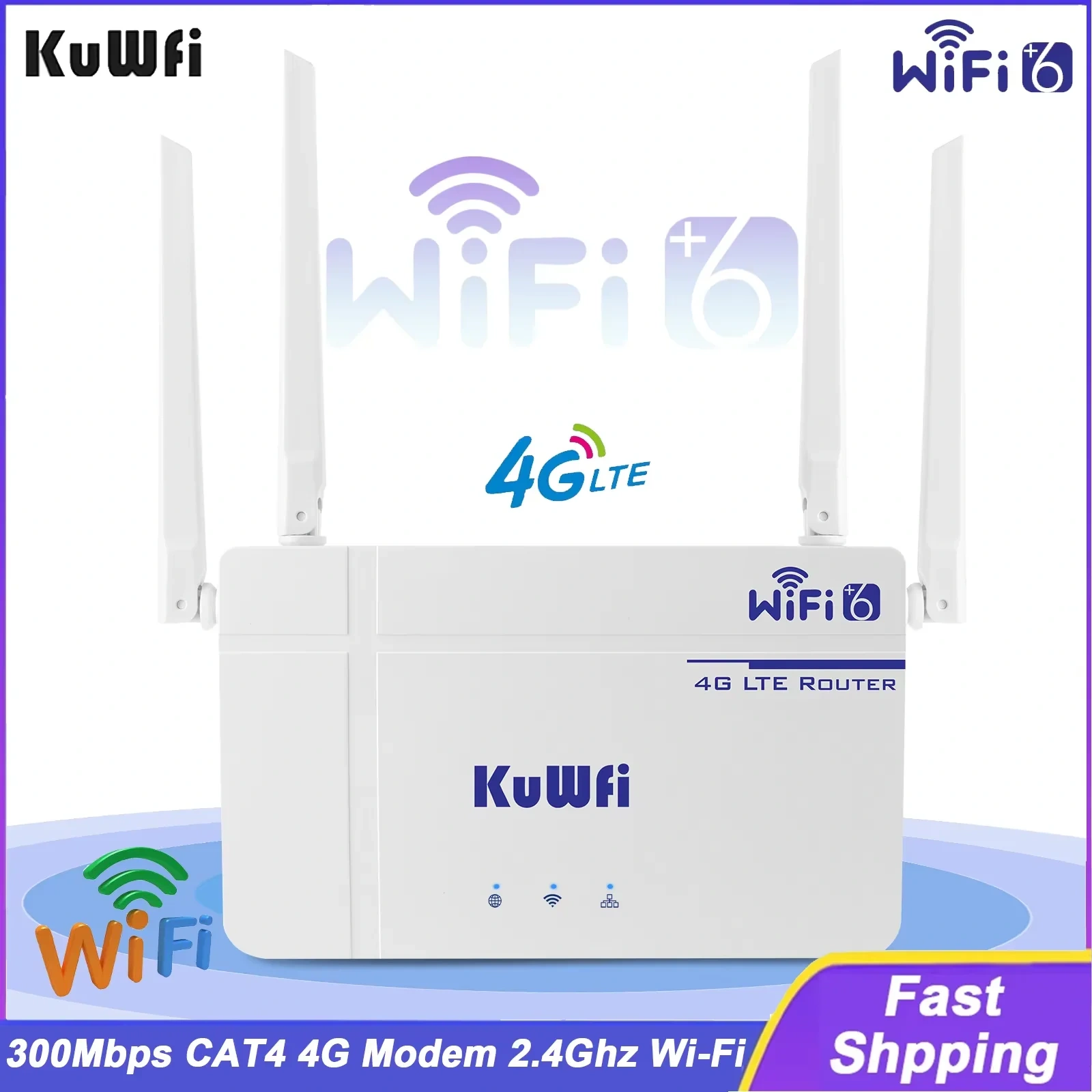 KuWFi 300Mbps CAT4 CPE Router Wireless WiFi6 Router 4G LTE Router with Ethernet Port SIM Card Slot Antenna Support 10 Users